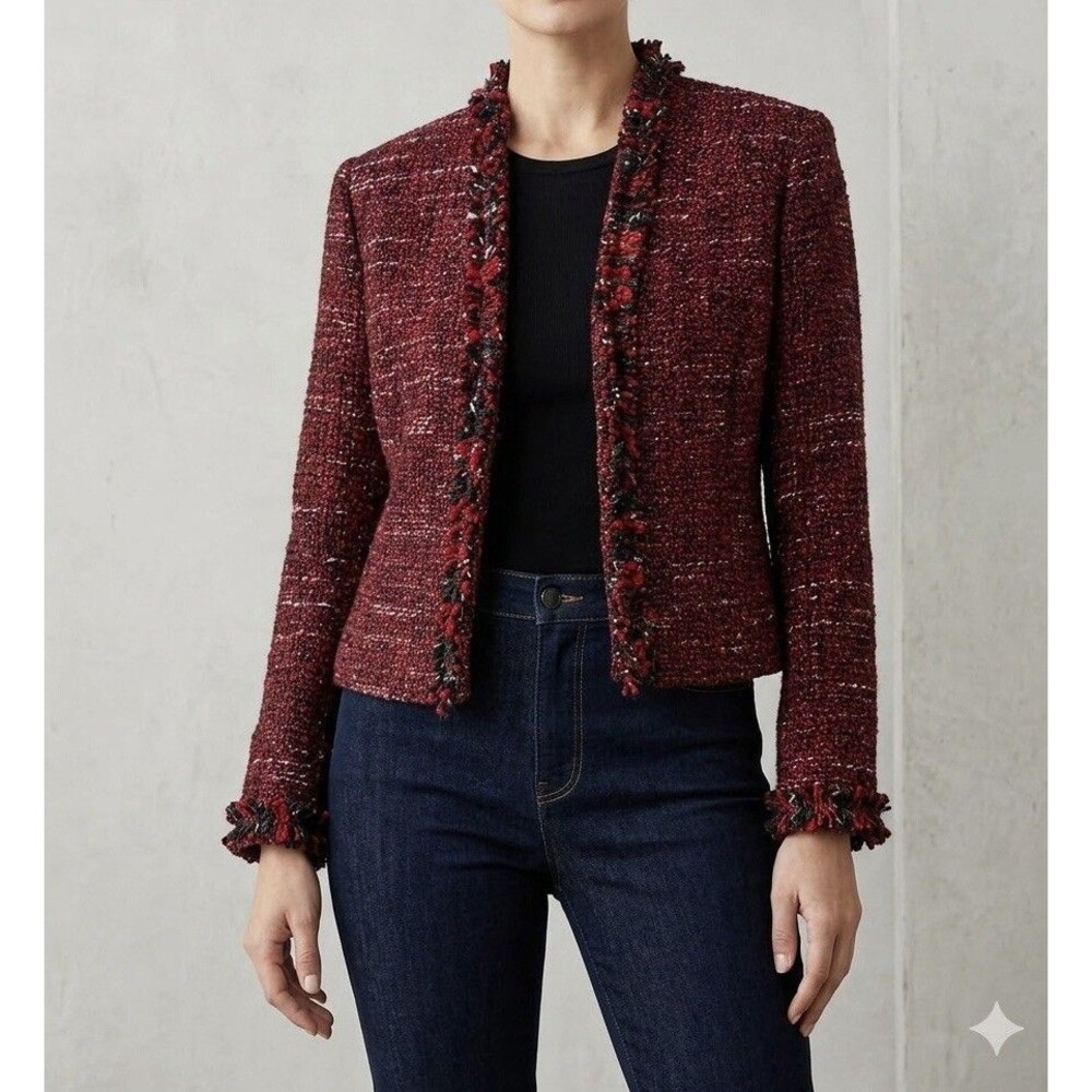 Alfani Women Tweed Jacket Size 12 Red Black Wool Blend Fringe Trim Open Blazer